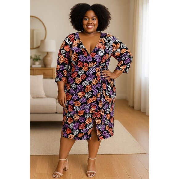 Avenue Plus Size 22/24 Dress Faux Wrap Abstract Leaf Print 3/4 Sleeves Tie Waist - Picture 9 of 9